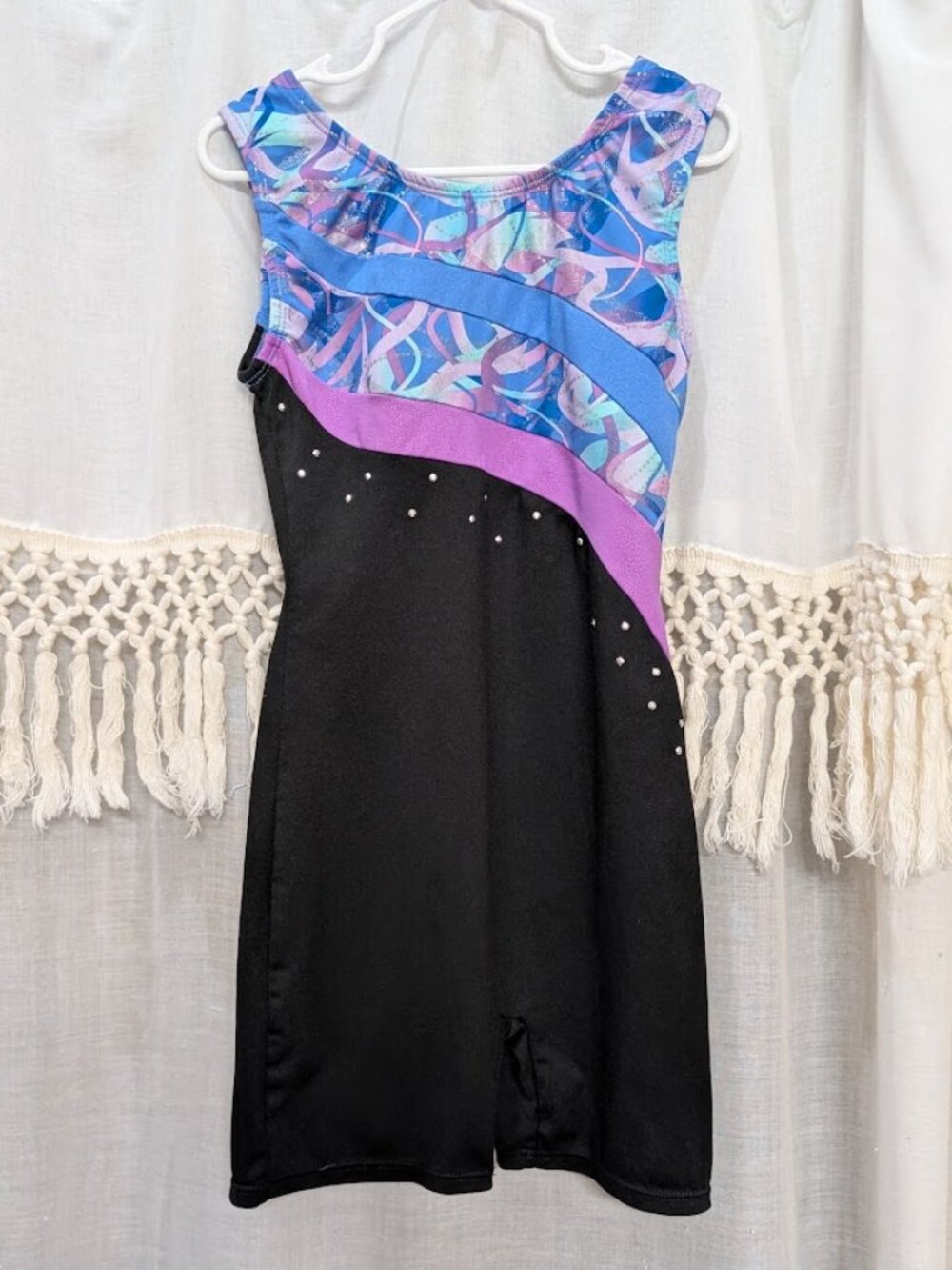 Freestyle Danskin Black Leotard Romper with Purple and Blue Print 7/8 Medium